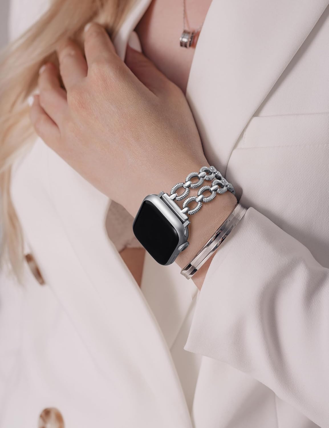 Minyee Compatible with Apple Watch Band 41/40/38/44/45/46/49/42mm Women, Dressy Pretty Metal Strap Double Chain Twisted Designer Fancy link Bracelet for iWatch Series 11 10 9 Ultra SE 8 7 6 5 4 3 2 1 - Image 6