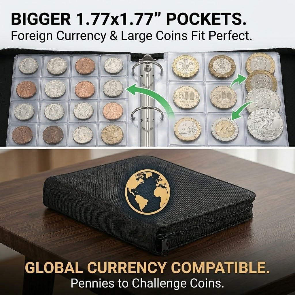 2000℉ Fireproof Coin Collection Book Holder with Magnifying Glass, 312 Pocket 3-Ring Coin Album Organizer with Flaps, Paper Money Storage Case Binder Currency Collecting Supplies (Black)