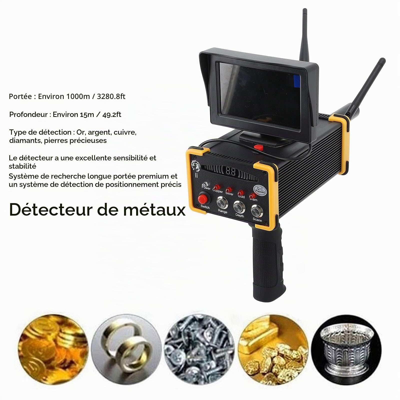 Détecteur de Métaux, Détecteur de Métaux à Main, Détecteur d'or et d'argent de Haute Précision avec écran D'affichage pour Détecter Les Métaux