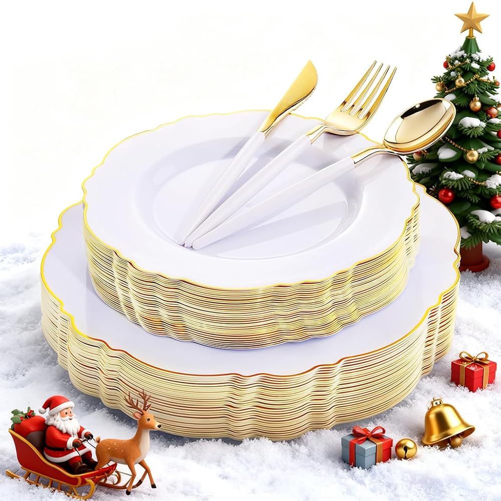 WDF 30Guest Gold Plastic Plates - High-end Baroque Design - 10.25&7.5in Wedding White and Gold Plates Disposable for Christmas Parties/Wedding