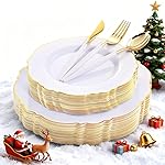 WDF 30Guest Gold Plastic Plates - High-end Baroque Design - 10.25&7.5in Wedding White and Gold Plates Disposable for Christmas Parties/Wedding