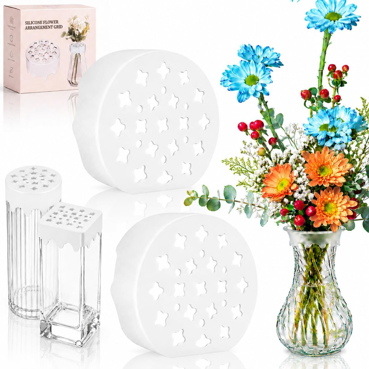 2 Pcs Silicone Flower Arranging Grid, Reusable Fits 3-4" Vase