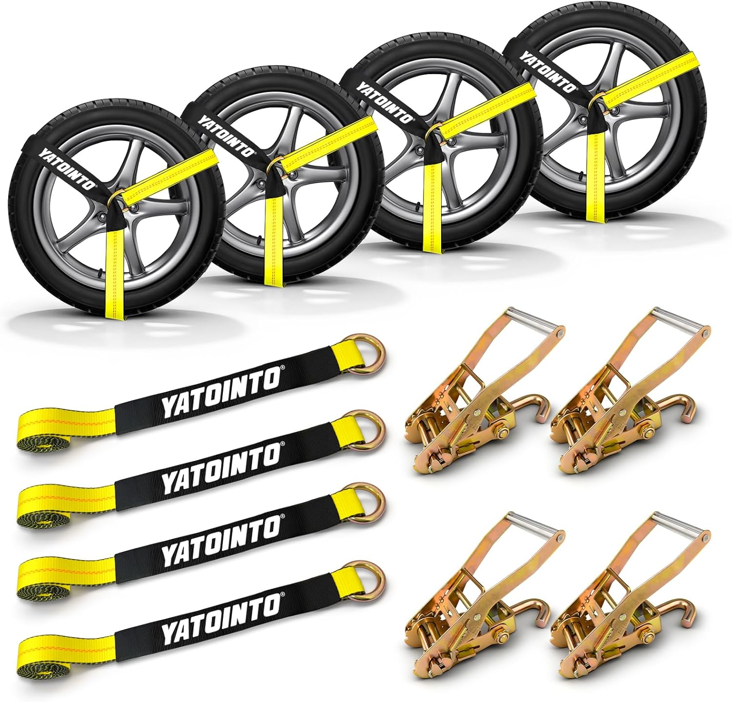 4 Pack Car Tie Down Straps for Trailers,2"×96" Ratchet Tire Straps with Heavy Duty Chain Anchors,Lasso Wheel Strap 9900LBS Break Strength for Trailers, UTV,SUV,Trucks and Any car Hauling