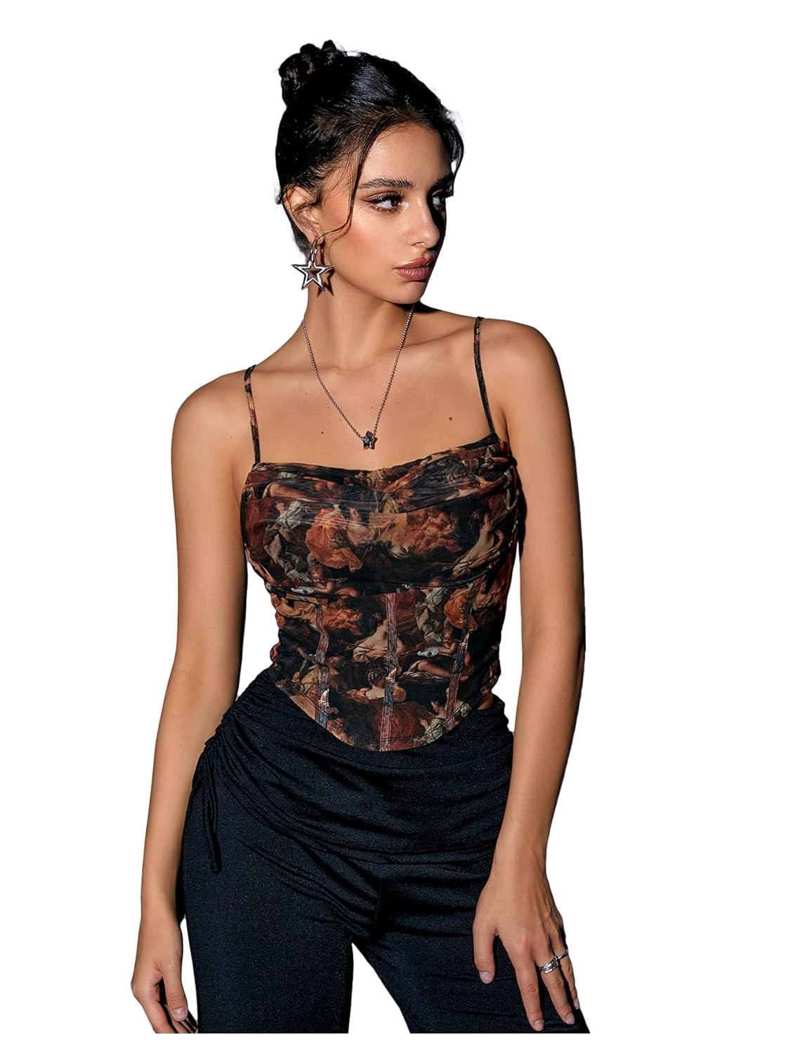 SOLY HUX Womens Graphic Figure Ruffled Bust Bustier Renaissance Cami Top Sleeveless Slim Fit Y2K Corset Crop Tops