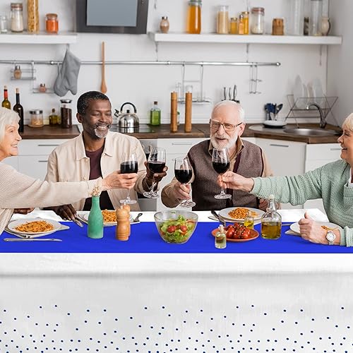 Miniatura 5 de Juego de 16 manteles de plástico desechables y camino de mesa de satén, mantel de punto blanco y azul, camino de mesa de satén azul para boda,