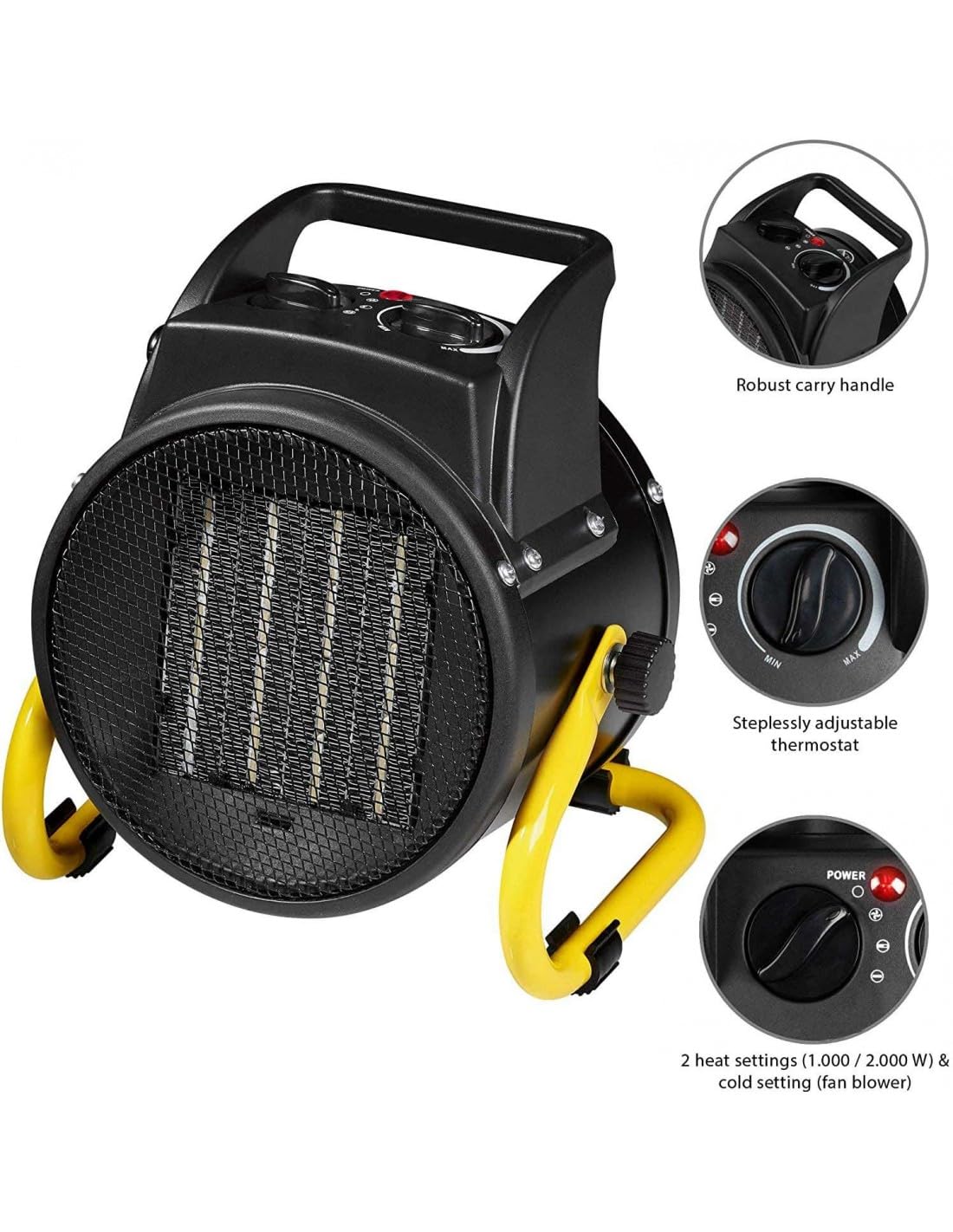 Stak STH2000W Generador de aire caliente de 2 kW. Tecnología cerámica para un calor más rápido. 2 velocidades, con termostato de seguridad y función ventilador. Cable de 140 cm.