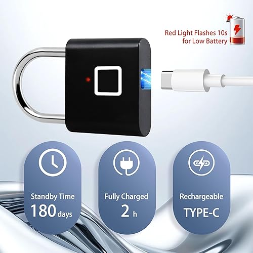 Miniatura 4 de UMIKSMART - Candado de huellas dactilares, cerradura inteligente biométrica sin llave con batería recargable USB-C, candado de aleación de zinc para