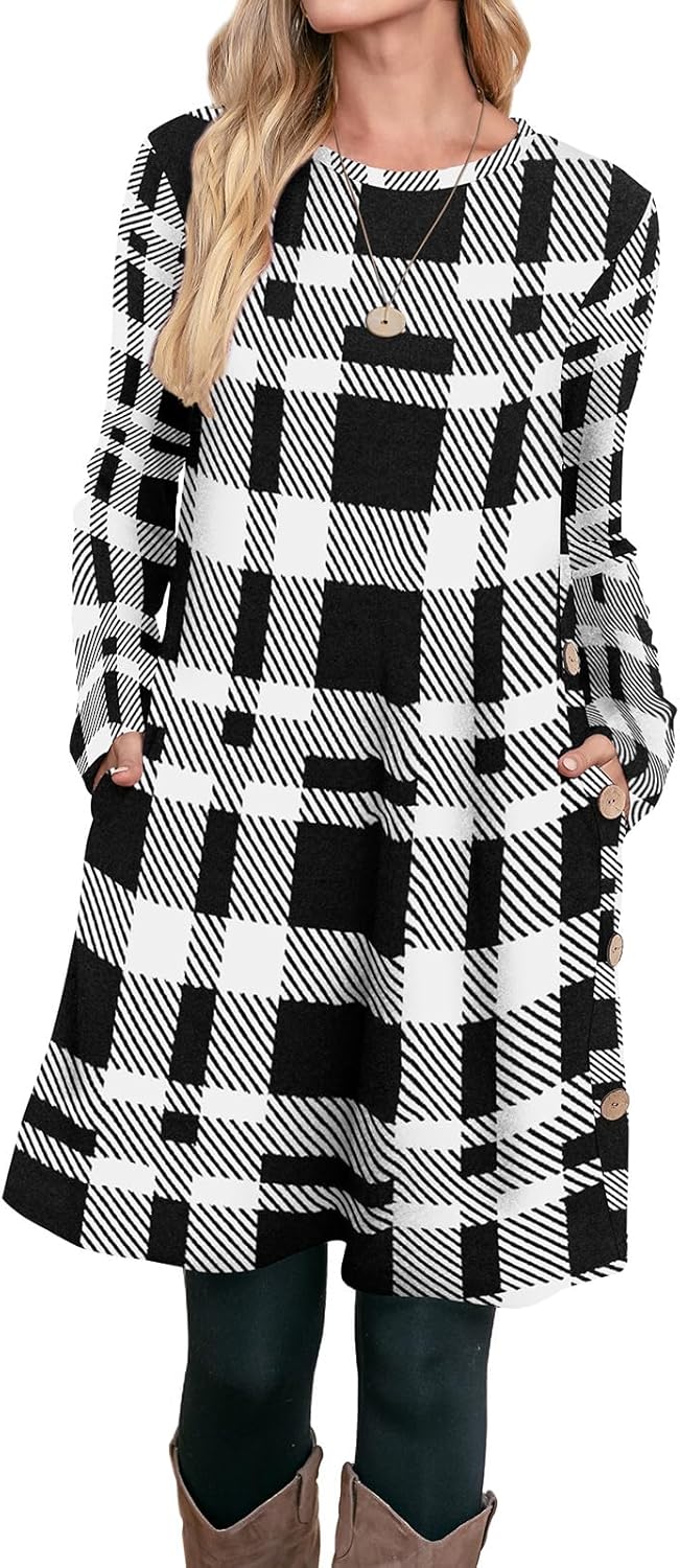 OFEEFAN Long Sleeve Dress for Women Crew Neck Tunic Dress with Pockets Buttons Side - Image 3