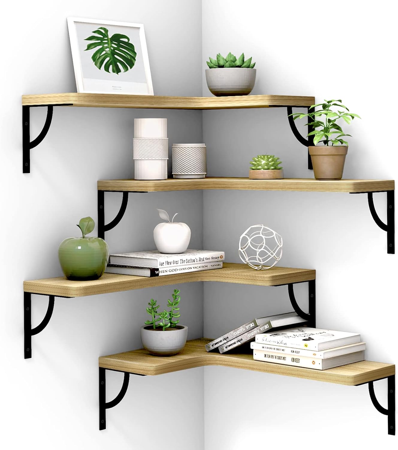 Canupdog Corner Floating Shelves Wall Mounted Set of 4, Wood Display
