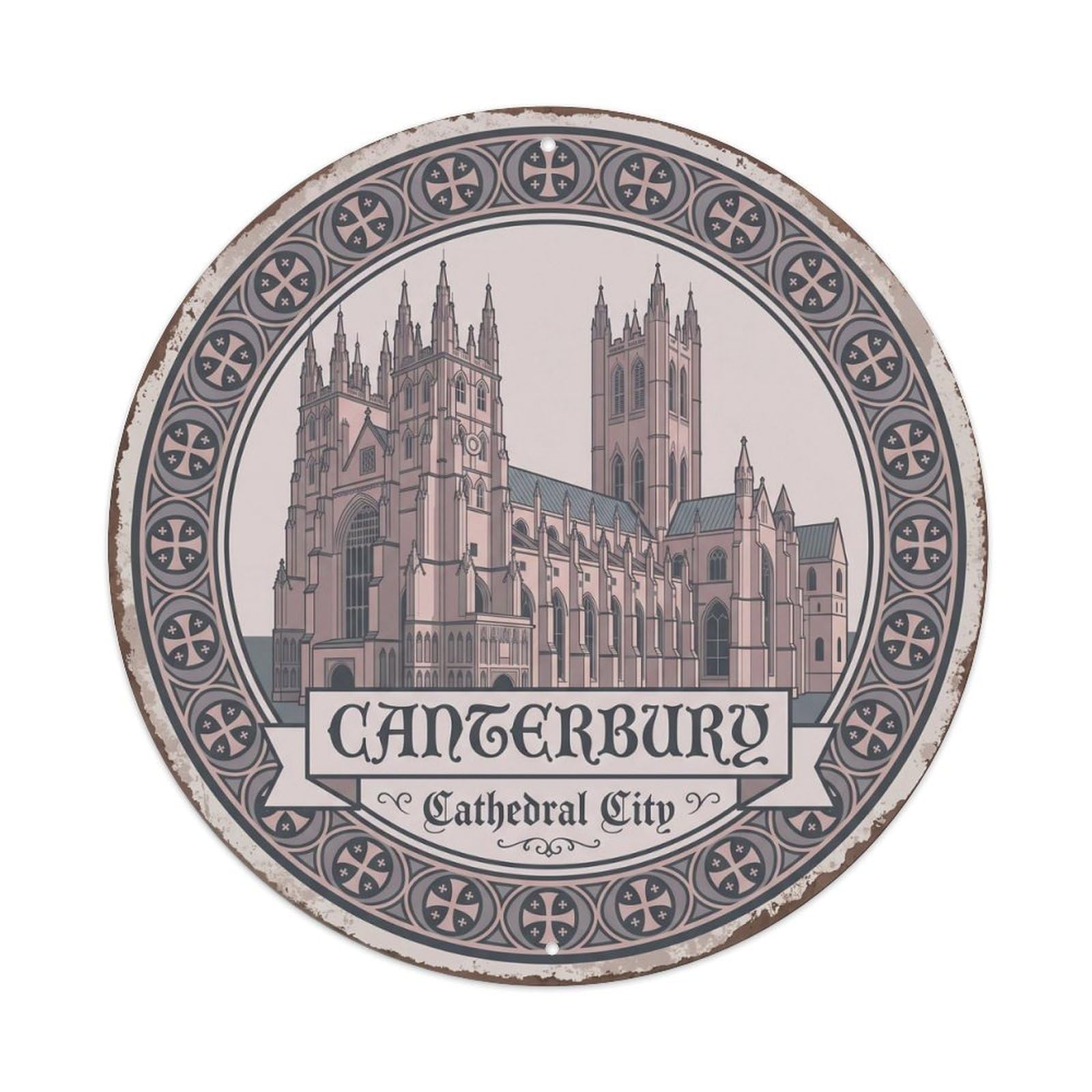 Cmhok Vintage Style Vintage Travel Canterbury Cathedral England Metal Tin Sign Plaque Wall Decor For Cafe, Club, Garden Round Metal Poster 8X8inch