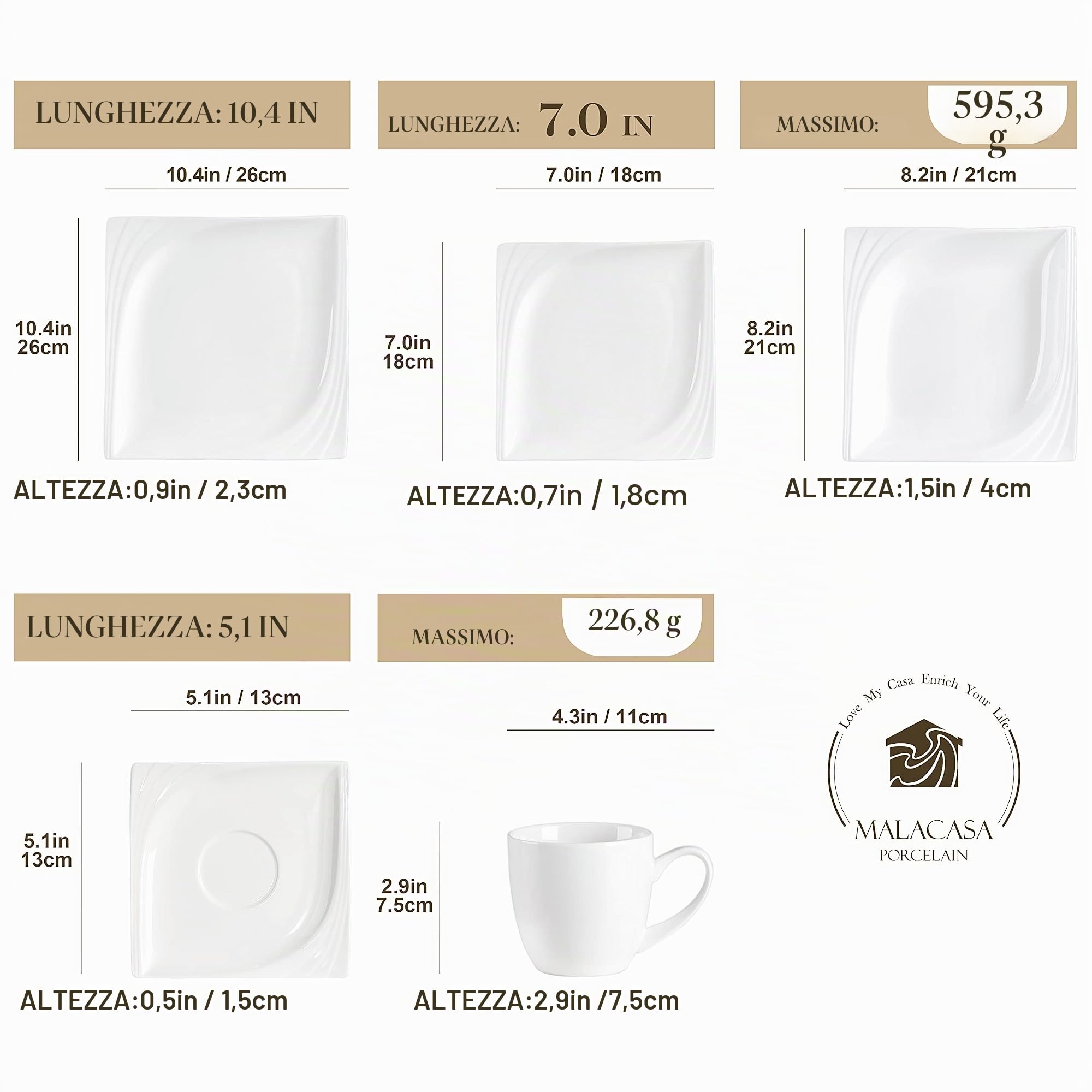 Malacasa - Servizio di piatti da 30 e 60 pezzi, modello Monica, Porcellana, bianco crema, 60 teilig tafelservice