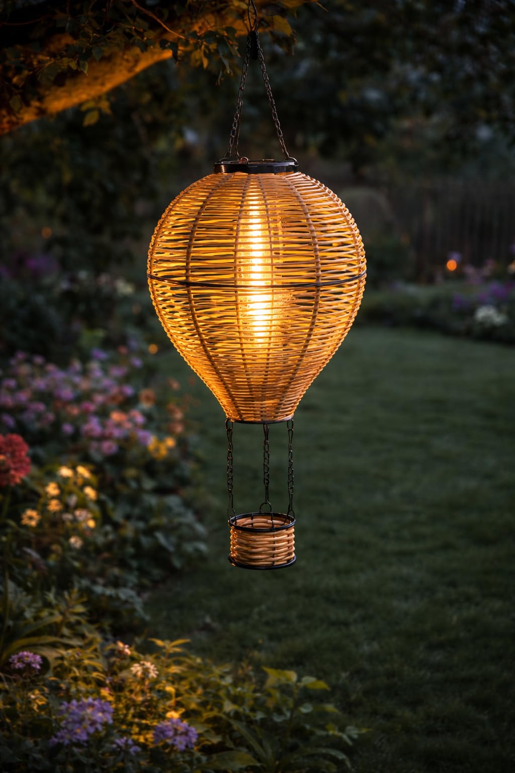Premier Brown 62Cm Solar Rattan Look Hanging Balloon Light – Outdoor Garden Led Lantern With 24 Warm White Leds Decorative Patio Hanging Ornament