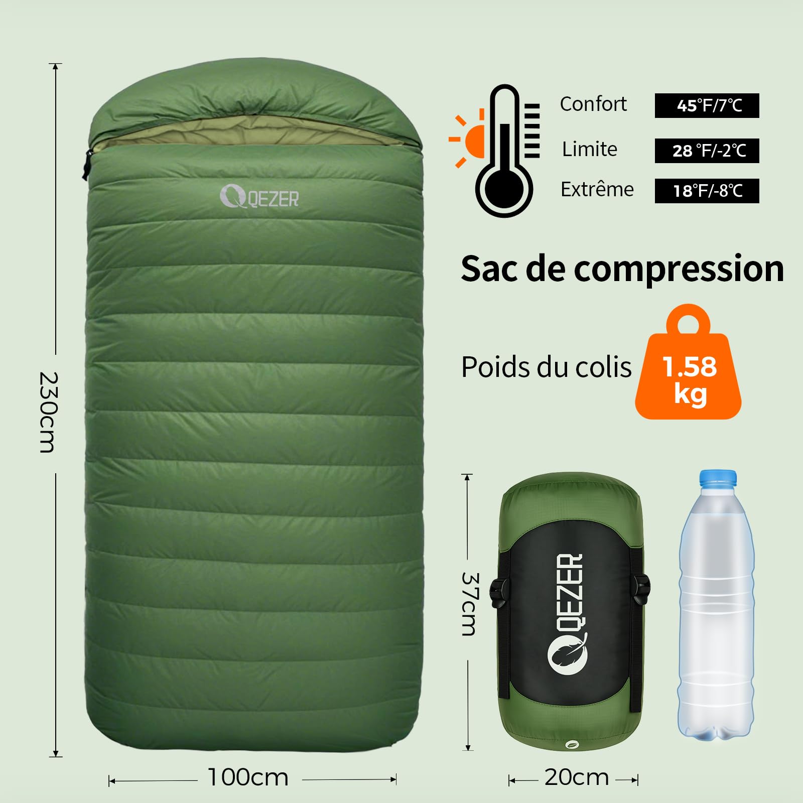 Sac de Couchage Extra Large QEZER en Duvet XXL 230 x 100 cm, 3-4 Saisons, léger et Chaud, pour Adulte, idéal pour Le Camping, la randonnée et la randonnée.