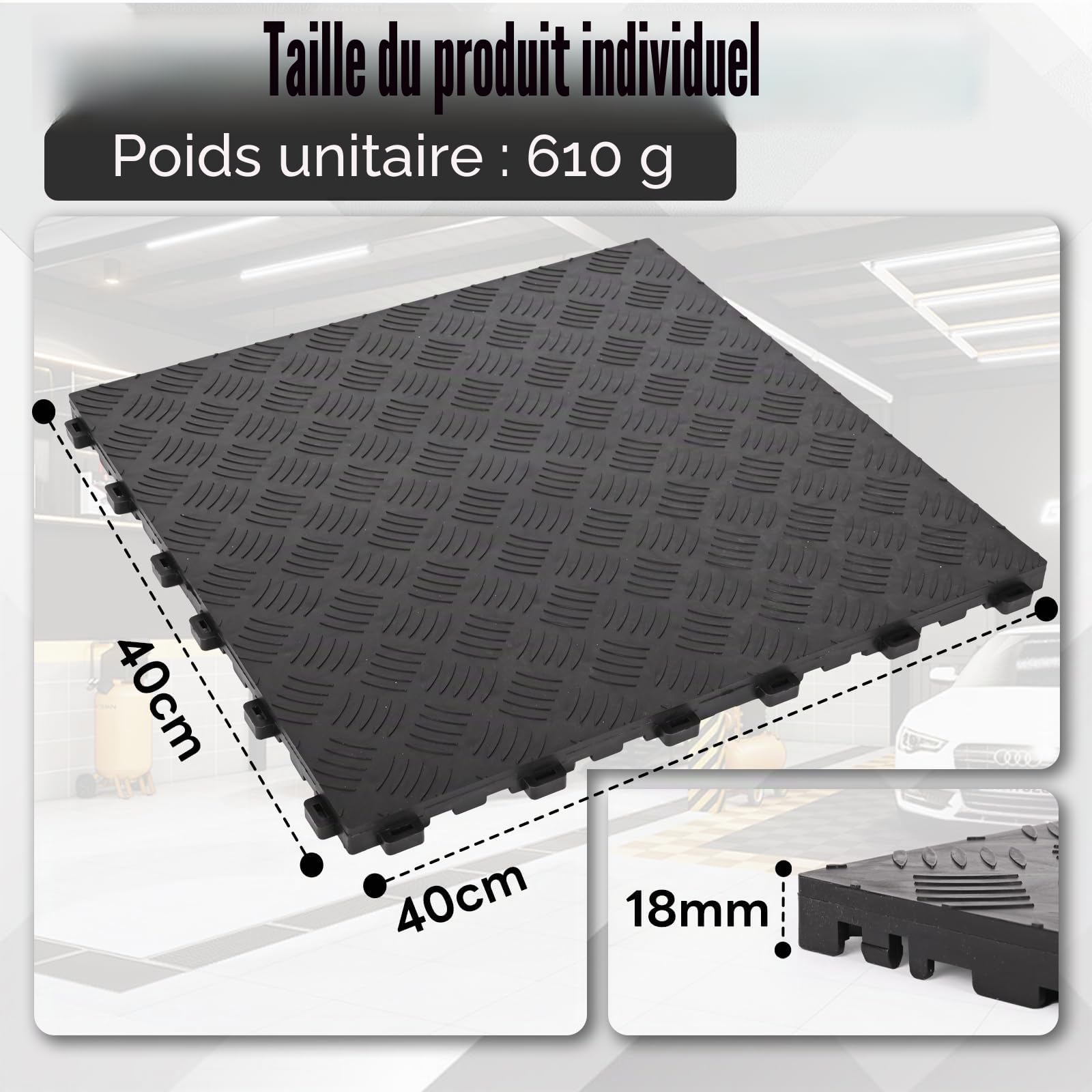 uyoyous Lot de 20 sols de garage en PVC à emboîter - 40 x 40 cm - Carreaux de sol de garage antidérapants et résistants - Facile à poser - Design de plaques diamantées (noir)