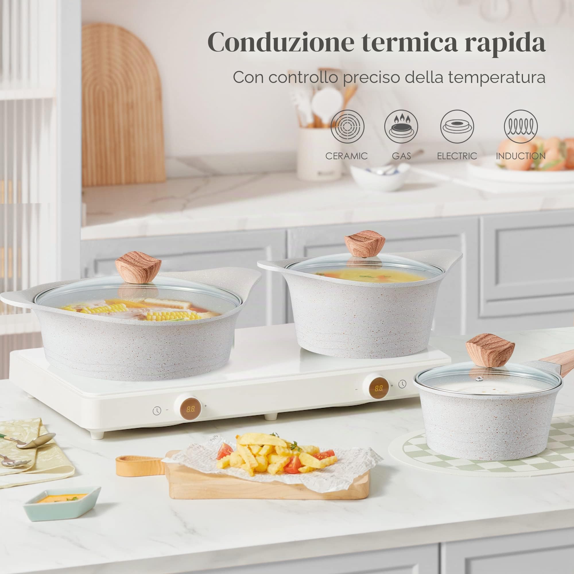 RIOVARM Induzione Set di pentole Antiaderente Granito Casserole con coperchi Nessun PFOA 2 Pezzi Pentole universali Multiuso Cucina Pentole da cucina