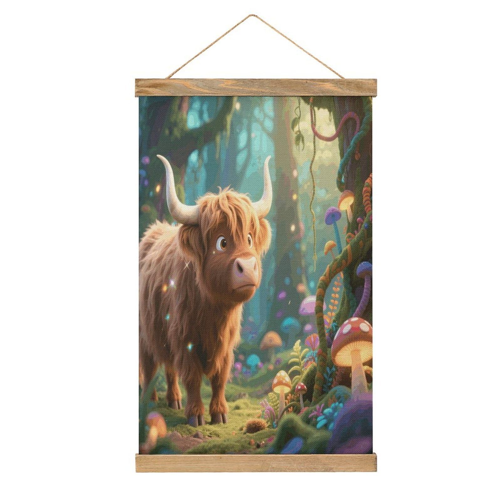VstaDank Cute Highland Cow Linen Hanging Painting Vintage Canvas Wall Art Poster Reading Nook Corner Decor Retro Wall Decor Prints for Library Reading Room Home 13.2 X 20.47 Inch