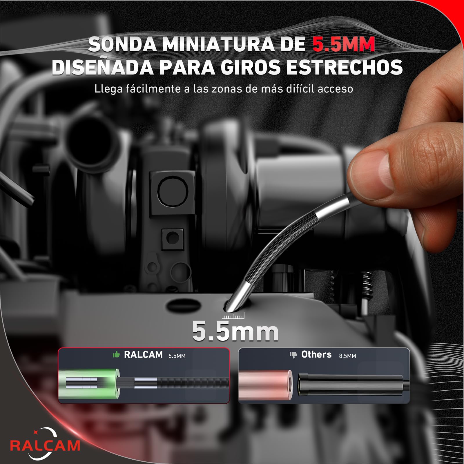 Ralcam Cámara endoscopio con luz, cámara endoscopio con Cabeza móvil de 210°, sonda de 5,5 mm, Pantalla HD de 5 Pulgadas, cámara de inspección IP67, Tubo de Manguera elástica de 1,5 m, cámara de Tubo