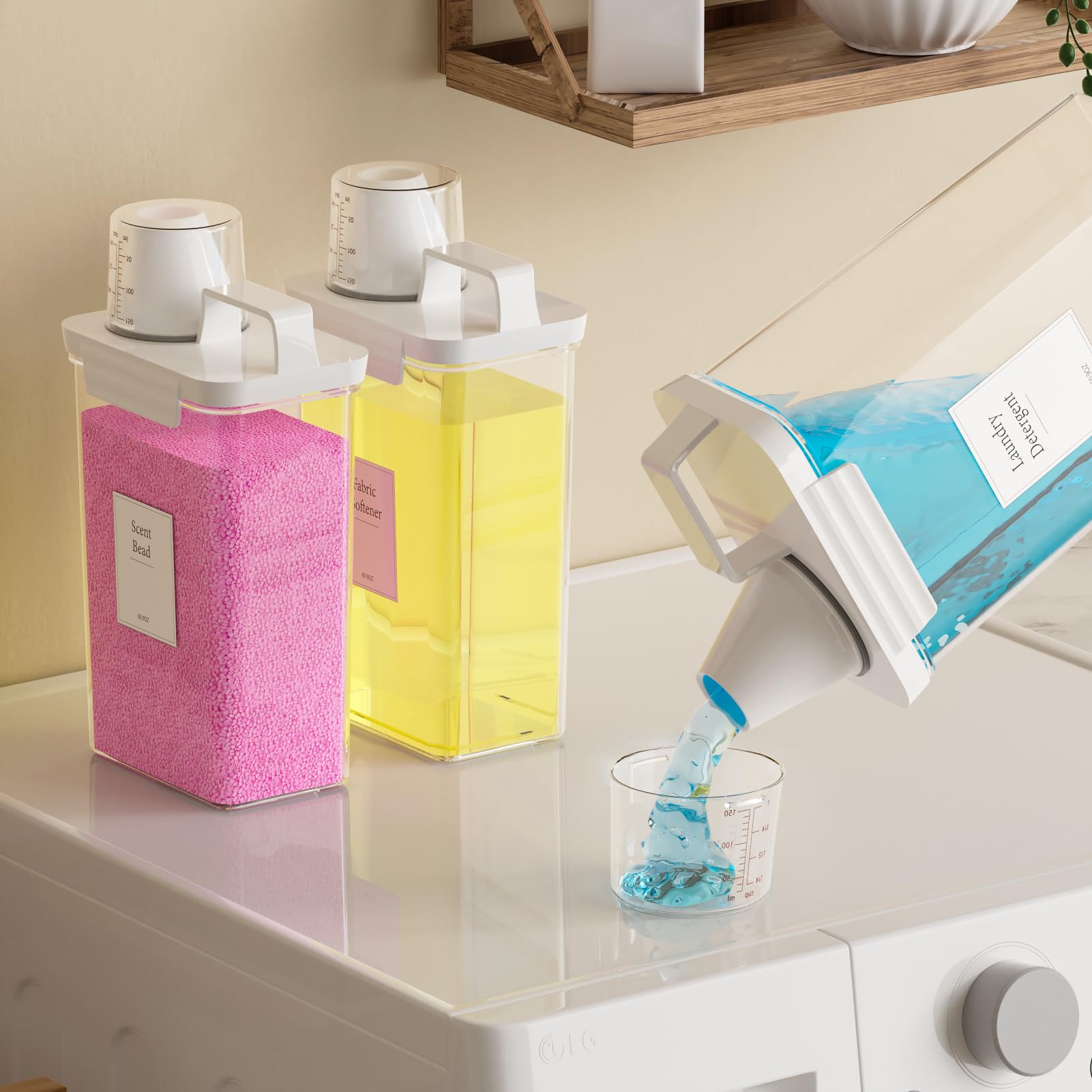 Dispenser per detersivo per bucato, confezione da 3 dispenser per liquidi, in plastica, per lavanderia, polvere e ammorbidente con etichette, trasparente