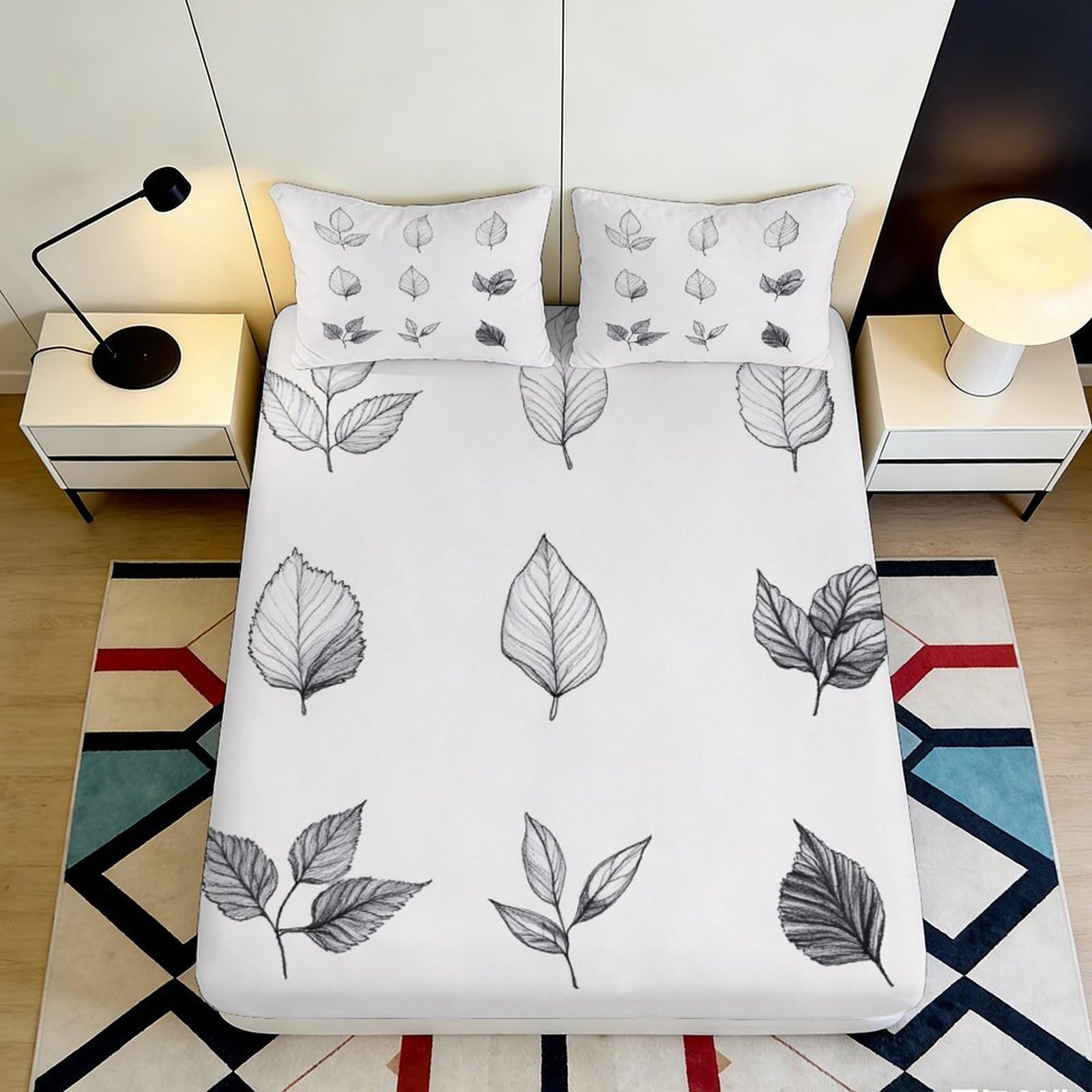 3D Printed Botanical Leaf Fitted Sheet Microfiber Grey Black Sketch Mattress Cover Bedroom Dorm Decor 90x200x25cm