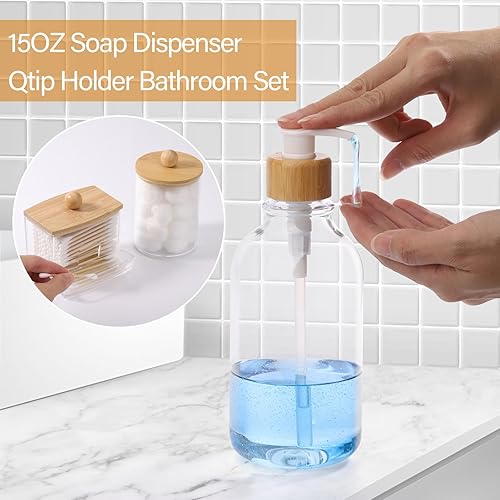 Miniatura 5 de Juego de accesorios de baño de bambú, 4 piezas, soporte para cepillos de dientes transparente, dispensador de jabón de plástico y 2 soportes para