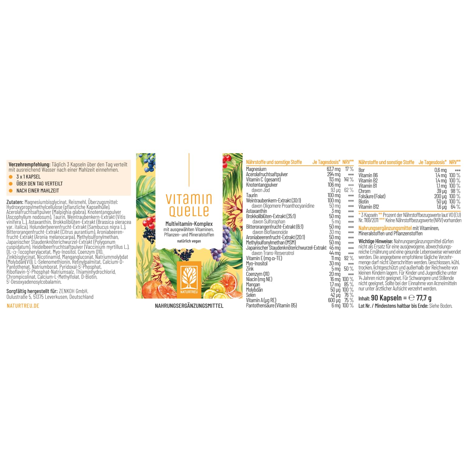 NATURTREU® All in One Multivitamin & Mineralien Komplex - 35 wertvolle A-Z Vitamine und Mineralstoffe - Multi Vitamin Kapseln hochdosiert - Vegan und ohne unnötige Zusatzstoffe