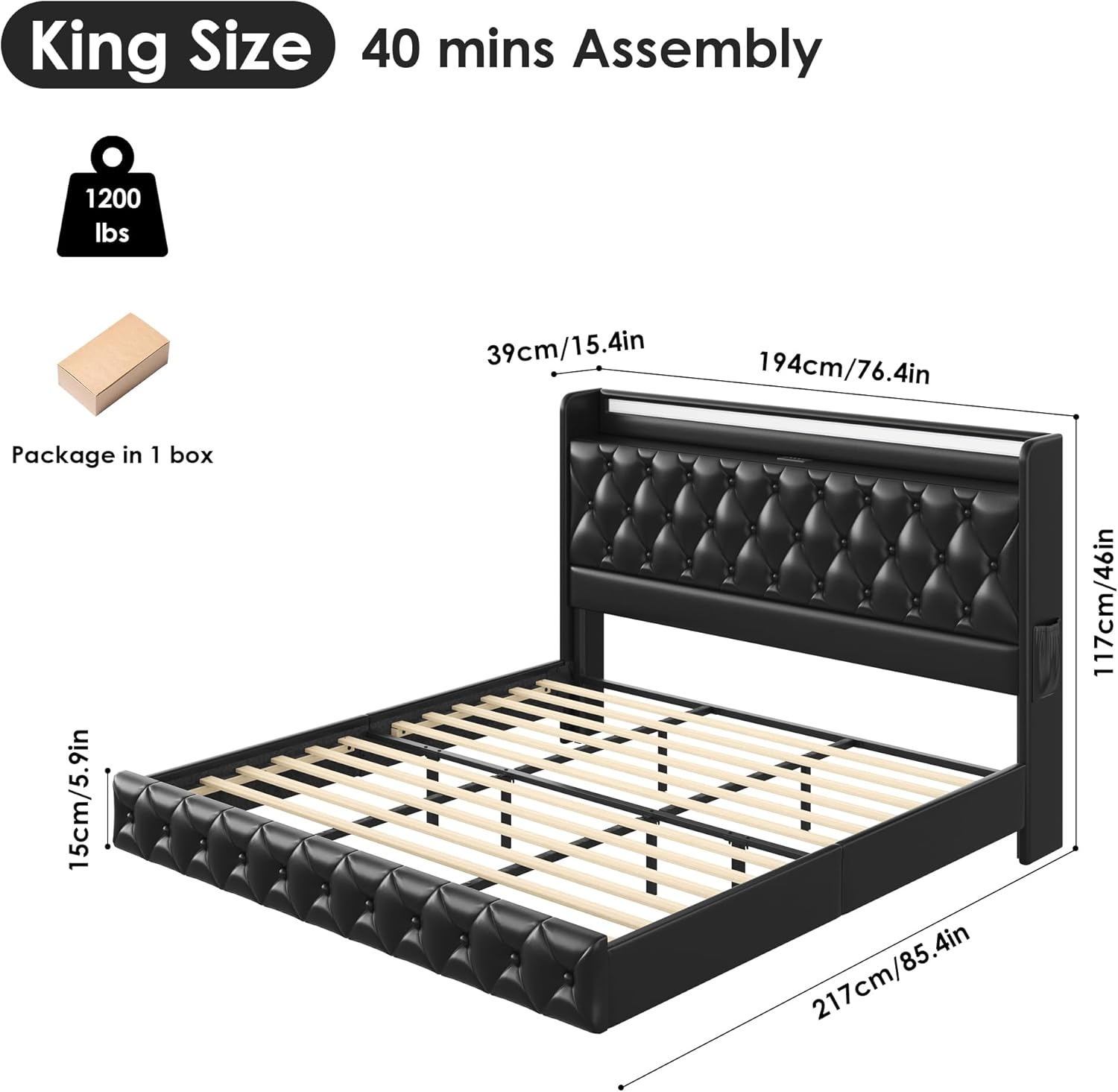 Keyluv King Floating Bed Frame with LED Lights & Charging Station, Upholstered PU Leather Platform Bed with Button Tufted Storage Headboard, No Box Spring Needed, Noise-Free, Easy Assembly, Black