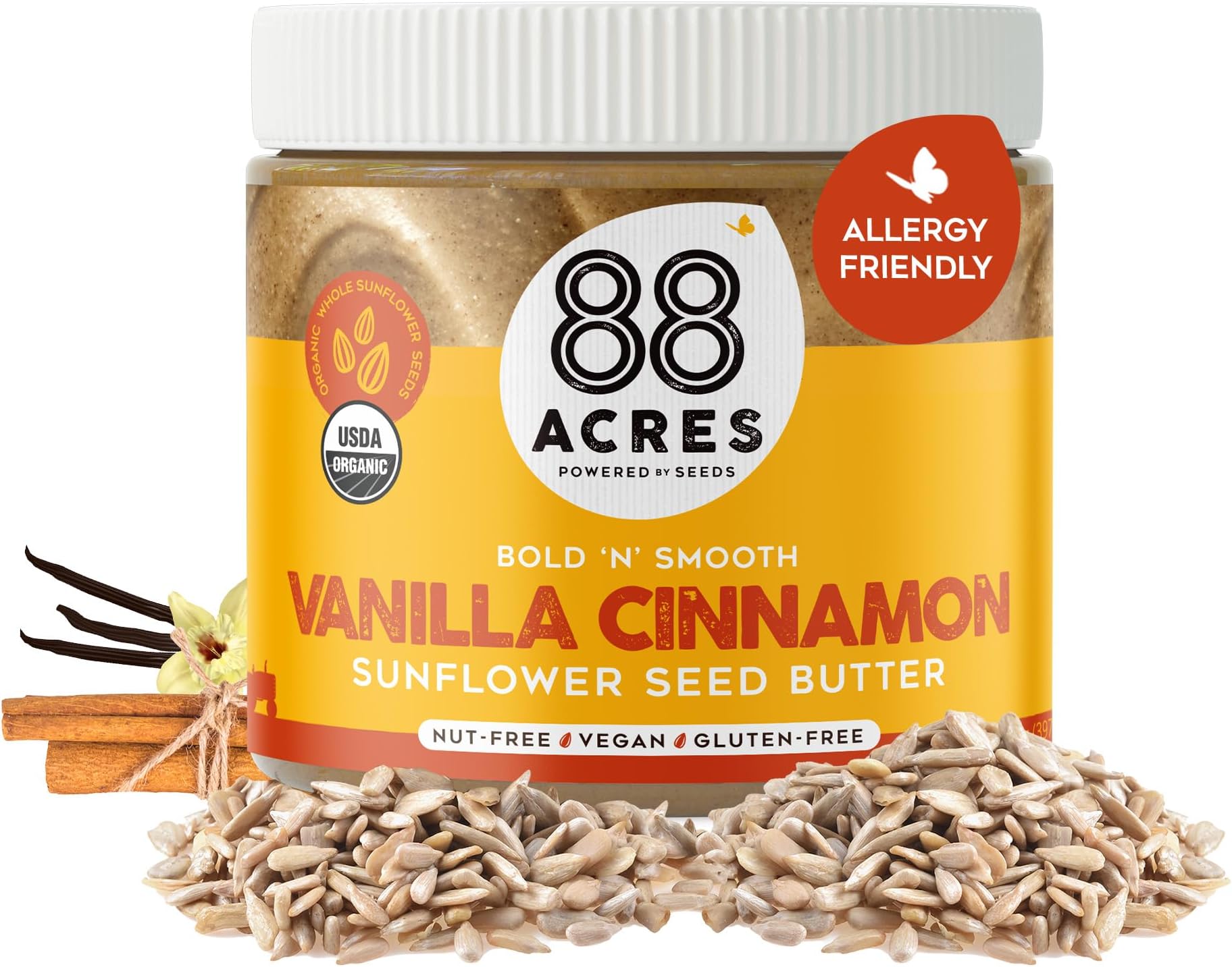 88 Acres Organic Sunflower Seed Butter, Vanilla Cinnamon, 14 oz Jar, 2 Pack, Butter Spread with 5g Plant-Based Protein, Gluten Free, Nut Free, Vegan, Non-GMO