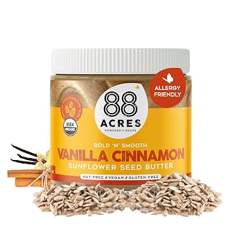 88 Acres Organic Sunflower Seed Butter, Vanilla Cinnamon, 14 oz Jar, 2 Pack, Butter Spread with 5g Plant-Based Protein, Gluten Free, Nut Free, Vegan, Non-GMO