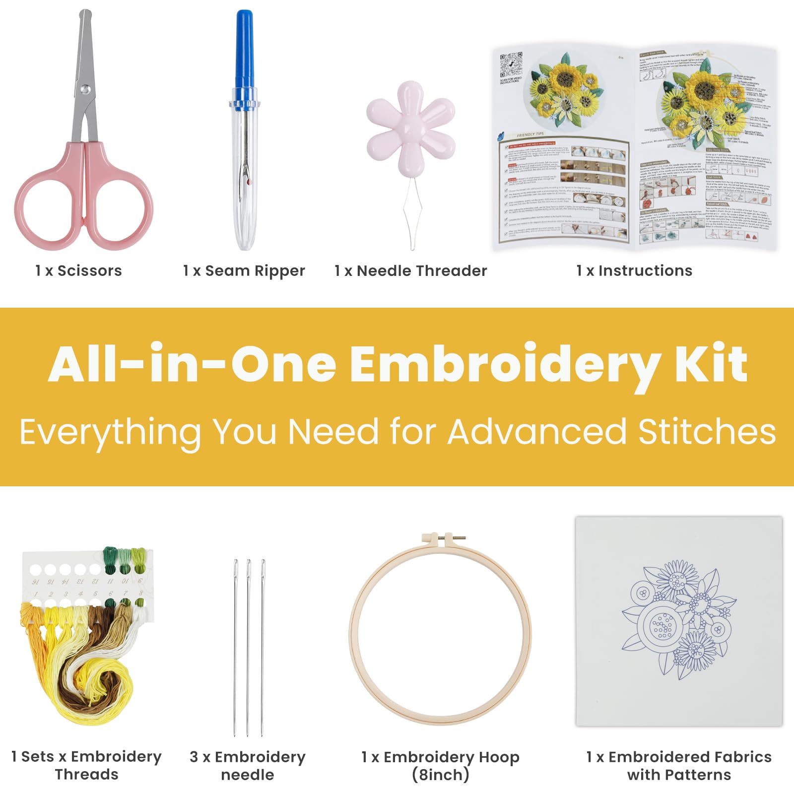HTVRONT 3D Embroidery Kit for Beginners- Sunflower Embroidery Kits with Step-by-Step Video Tutorials, 3D Art Finished with 5 Stitches, Beginner Embroidery Kit for Adults for Denim Jackets, Home Decor
