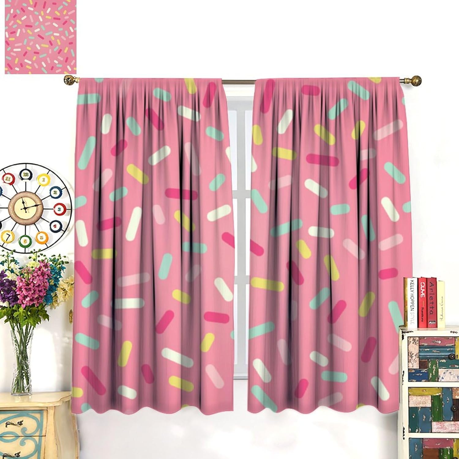 Sweet Candy Curtains for Girls, Abstract Pattern of Colorful Donuts Sprinkles Tasty Food Bakery Theme, Living Room Bedroom Window Drapes 42"" W X 45"" L, Style-9