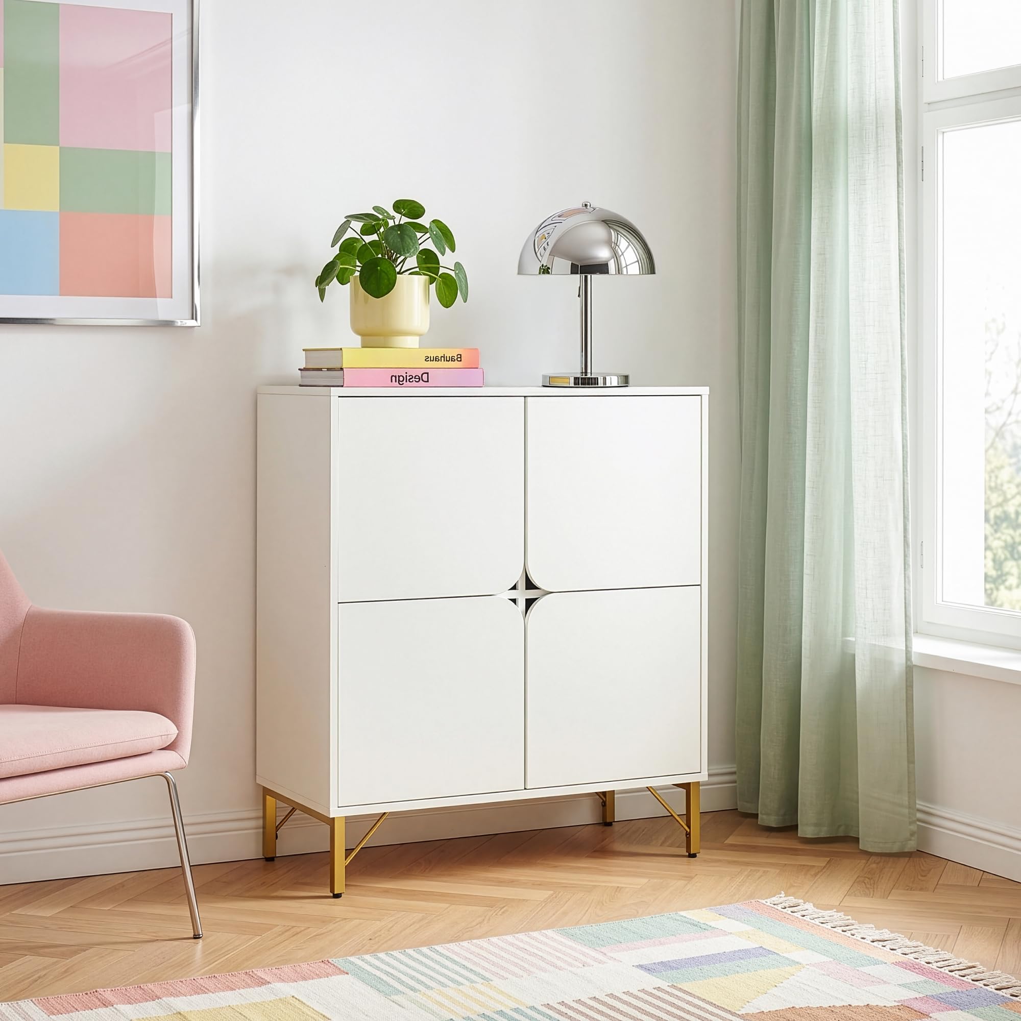 [en.casa] Aparador Reyri para Comedor 4 Puertas Batientes Decorativo Mueble de Salón con 4 Compartimentos Cerrados Mueble Auxiliar Resistente 90 x 80 x 35 cm - Blanco y Dorado