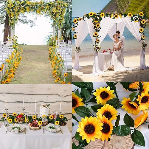 Miniatura 5 de KUPOO Paquete de 4 guirnaldas artificiales de girasol, flores artificiales de vid de girasol de seda con hojas verdes para decoración del hogar,