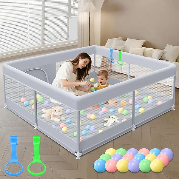 XVISHX Baby Playpen 50 x 50 Inch Play Pen Playards, Playpen for Babies and Toddlers, Baby Playard for Indoor & Outdoor Active Center Game Fence, with Skin-Friendly Fabric and Soft Breathable Mesh Grey