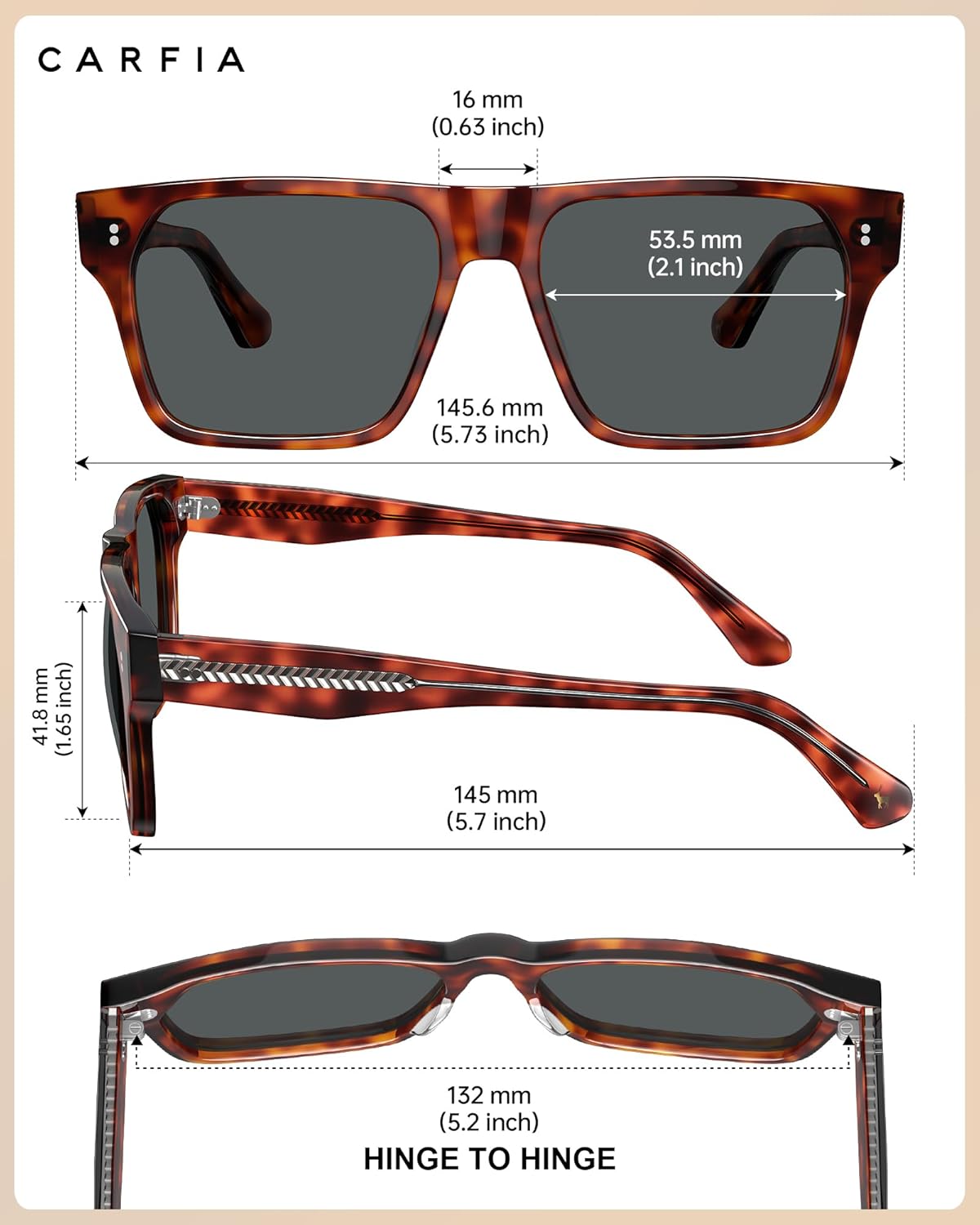 CARFIA Modern Sunglasses for Men Polarized UV400 Protection Flat Large Wrap Square Acetate Driving Glasses - Image 5