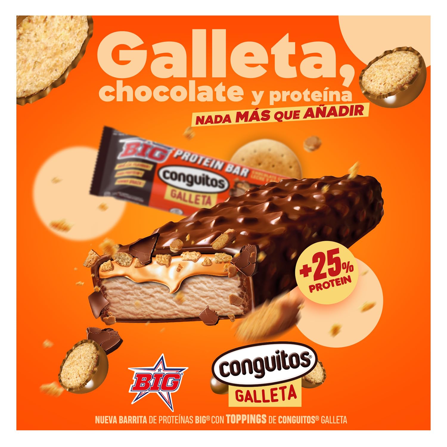 BIG - Barritas Proteina con Toppings de Conguitos Dark Galleta 25 gr Proteina por Barra - Pack 15 Barritas x 60 gr - Barras Alta en de Proteinas con Chocolate con Leche - Ideal para Dieta Deportiva