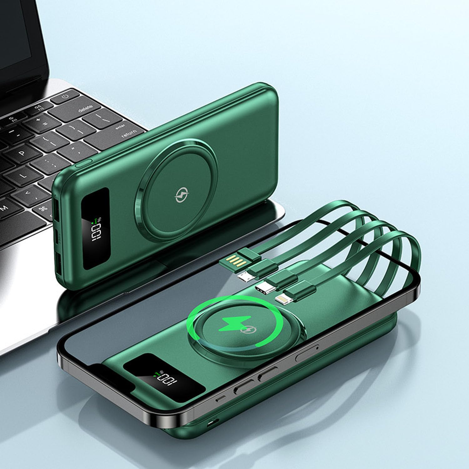 Powerbank 30 000 mAh, powerbank do szybkiego ładowania, czteroliniowy mobilny powerbank, 30000 mAh, szybkie ładowanie, przenośna ładowarka (zielona)