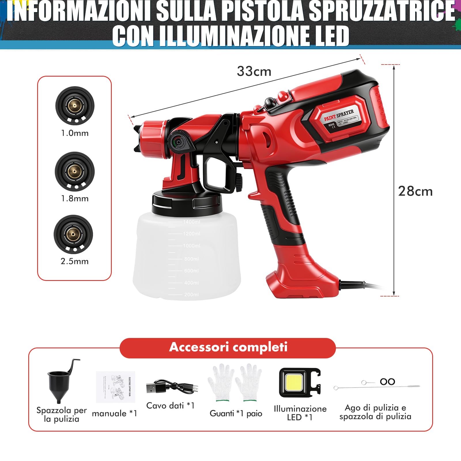 Sistema a spruzzo elettrico per vernice, 650 W, 1400 ml, pistola a spruzzo elettrica con 3 ugelli (1/1,8/2,5 mm), 3 modelli di spruzzo per pittura da parete, mobili, recinzioni