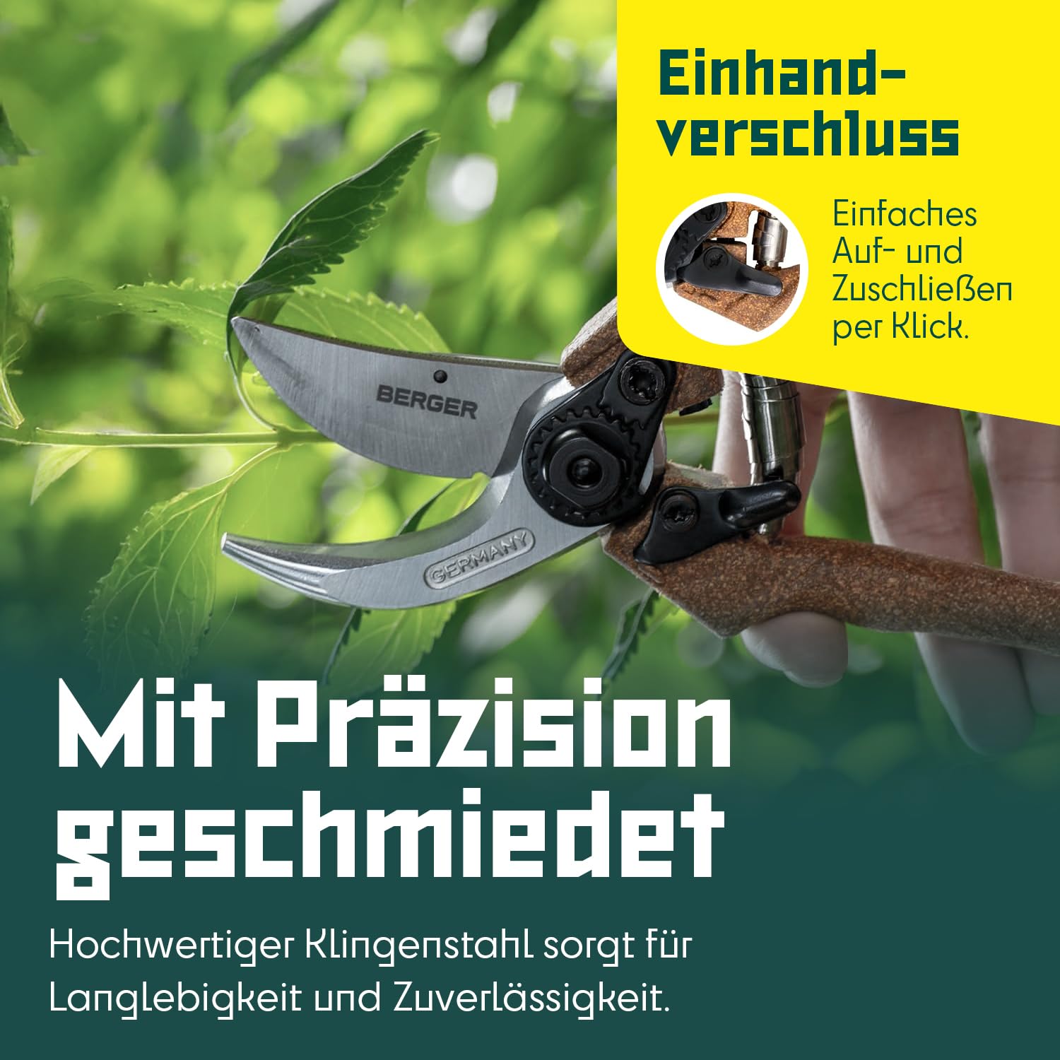 BERGER Handschere Bypass Klassik C1200 | Klassische Gartenschere mit geradem Schneidkopf & Korkgriff | Robuste Profi Blumenschere aus Metall mit Einhandverschluss | KWF-zertifiziert | Made in Germany