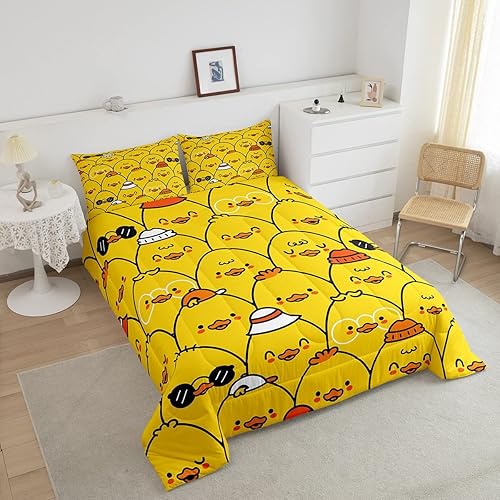 Miniatura 3 de Erosebridal Lindo juego de edredón de pato, juego de ropa de cama de pato amarillo de dibujos animados para niños y niñas, bonito edredón de pollo