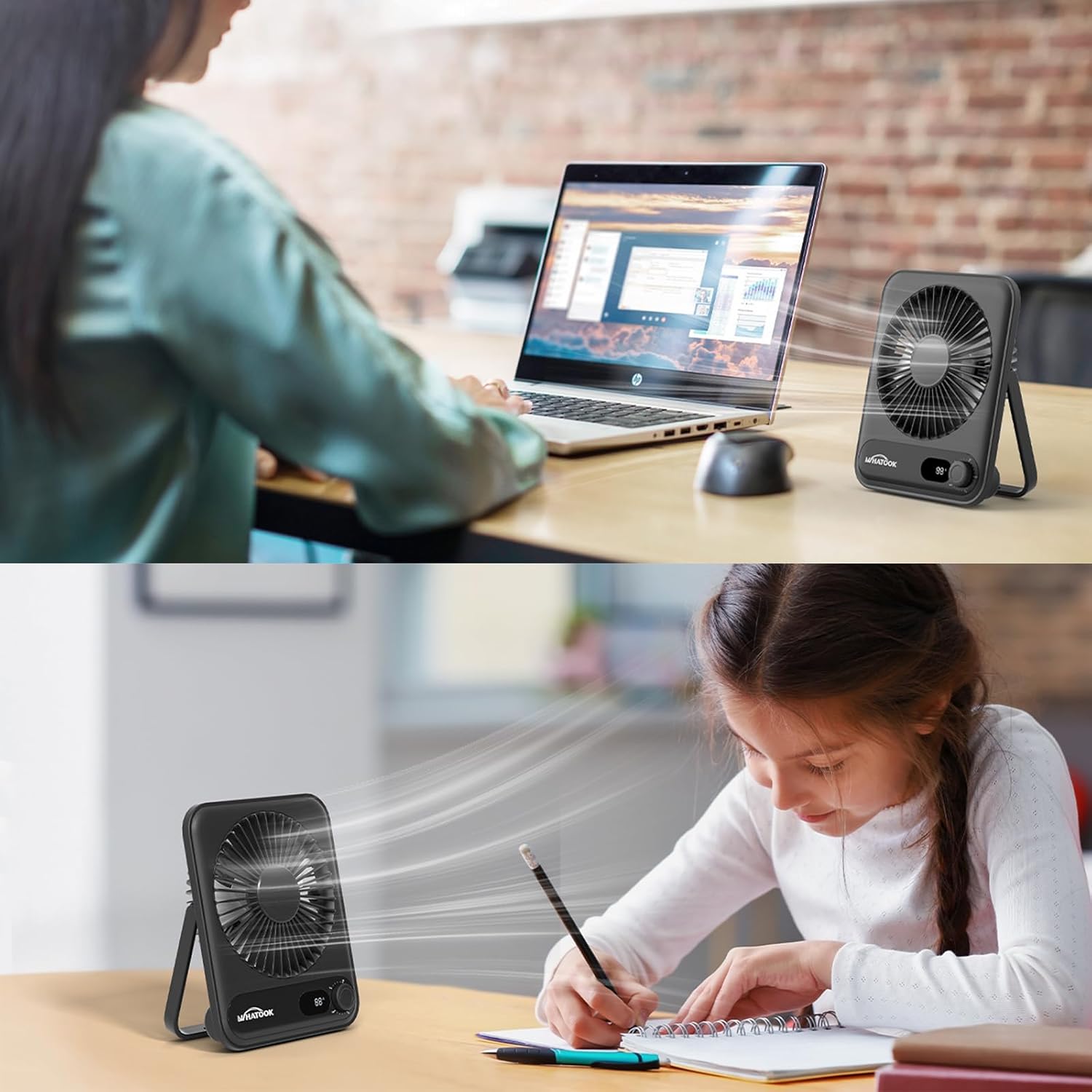 WHATOOK Small Desk Fan 2 Pack: 2000mah 10 Hours Battery Office Quiet Mini Desktop Fan Portable Rechargeable Travel Essentials(Black and Black) - Image 2