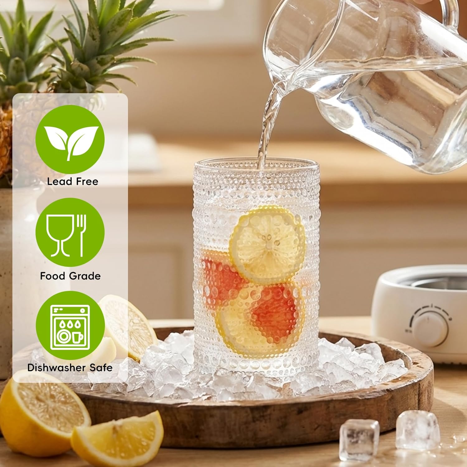 Moretoes Hobnail Drinking Glasses Set of 6,12 Oz Highball Glasses Clear Embossed Boho Water Glass Cups Kitchen Bar Tumbler Glassware Set for Whiskey, Beer, Juice, Milk and Various Mixed Drinks (Clear) - Image 4