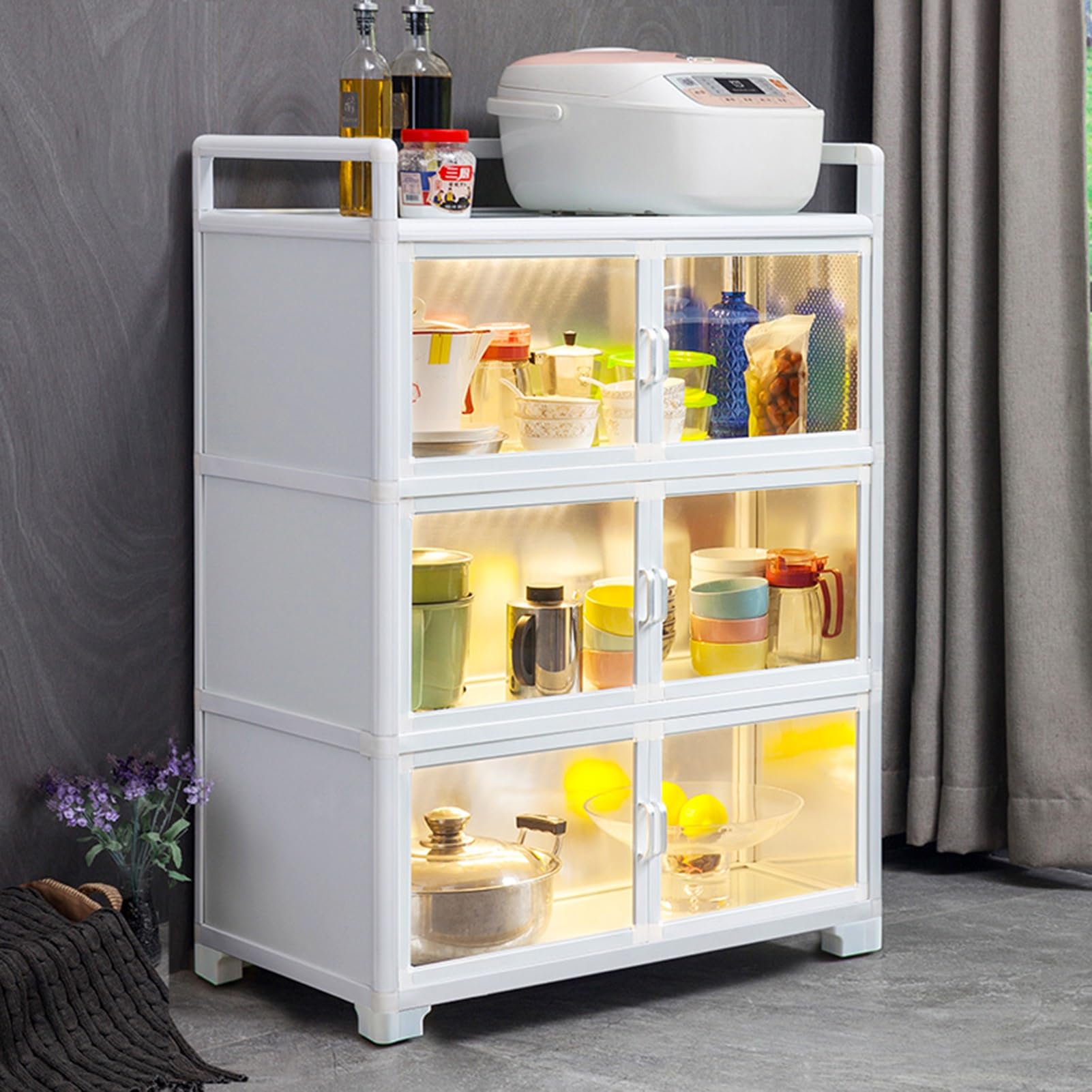 Armadietto da cucina autoportante con anta in acrilico per spezie, piatti, pentole, padelle, supporto alto per microonde, credenza per buffet (65 x 40 x 127 cm)