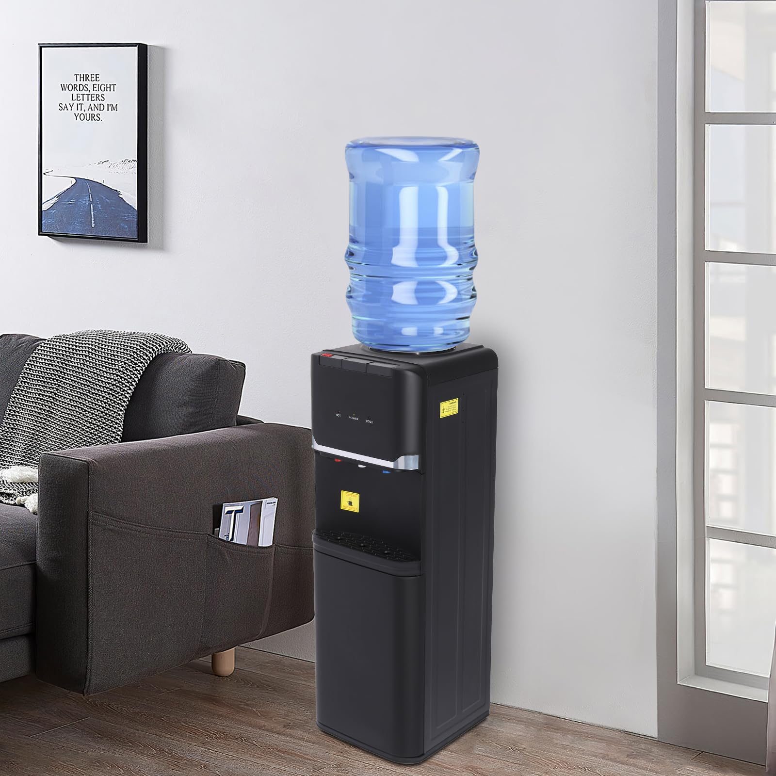 Top Loading Water Dispenser, 3 Temperature Settings - Hot, Cold & Room Water, 5 Gallon Capacity, Hot and Cold Water Cooler Dispenser with Child Safety Lock and Two-Tier Locker for Home Office