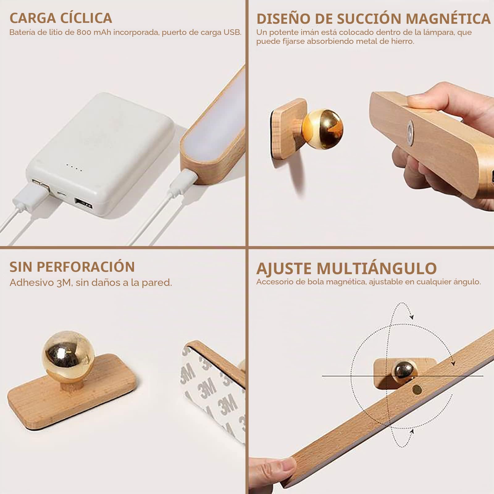 Lámpara LED para espejo de baño, 3.5W lámpara de pared de madera diseño magnético, lámpara de espejo regulable, rotación de 360°, luz de espejo de maquillaje recargable con interruptor táctil