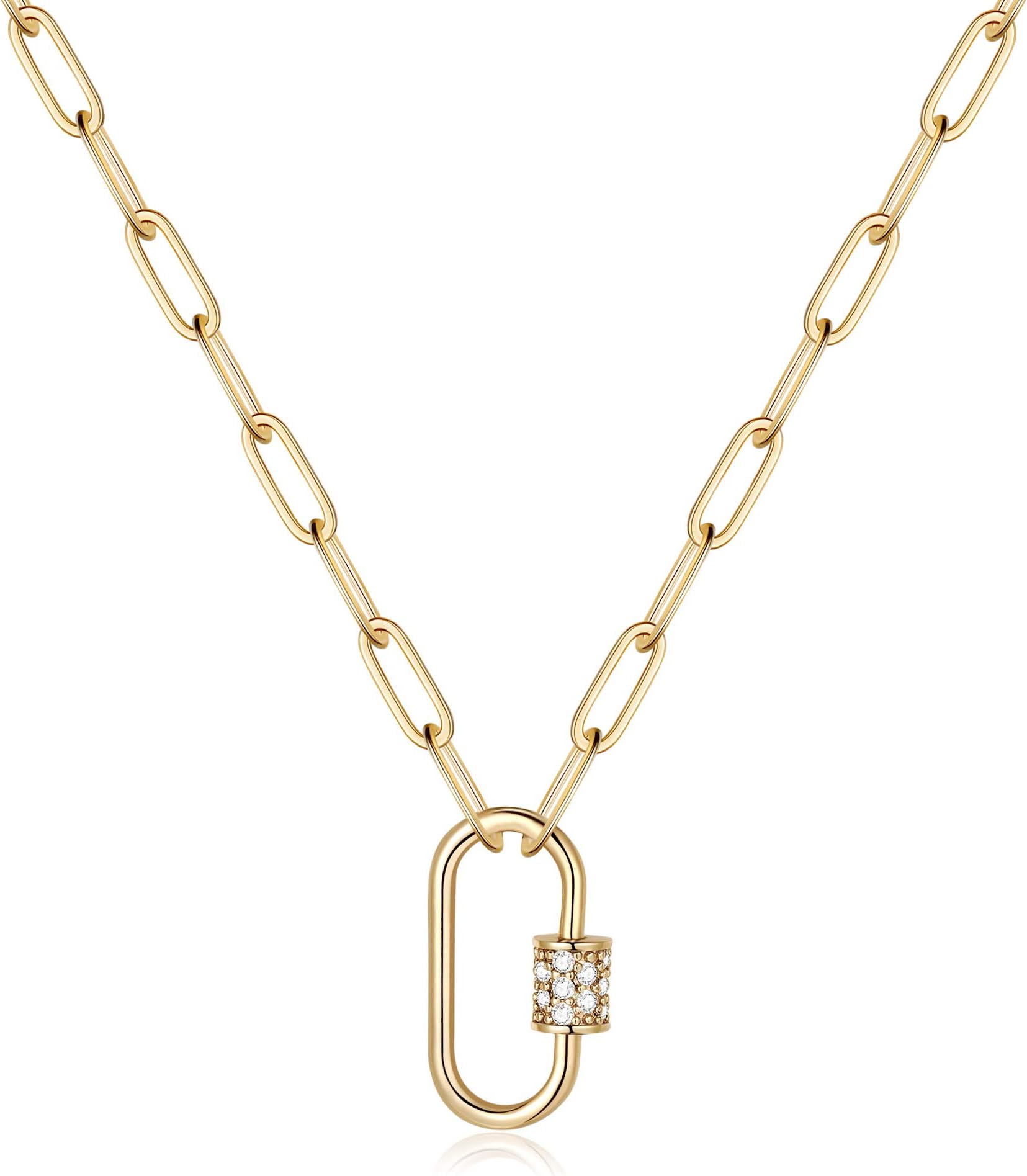 TurandossGold Paperclip Chain Necklace for Women, 14K Gold Plated Dainty Paperclip Link Chain Necklace Medallion Evil Eye Star Lightning Heart Butterfly Oval Link Paperclip Chain Necklaces for Women