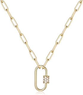 Gold Paperclip Chain Necklace for Women, 14K Gold Plated Dainty Paperclip Link Chain Necklace Medallion Evil Eye Star Lightning Heart Butterfly Oval Link Paperclip Chain Necklaces for Women