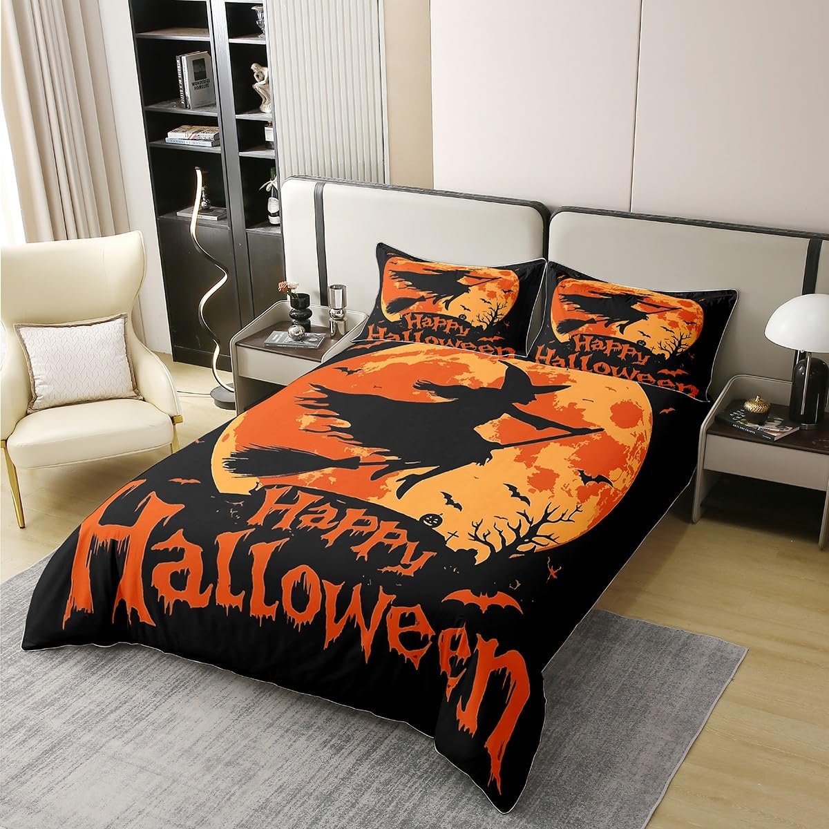 jejeloiu Halloween Bedding Set Queen Size Goth Witch Broom