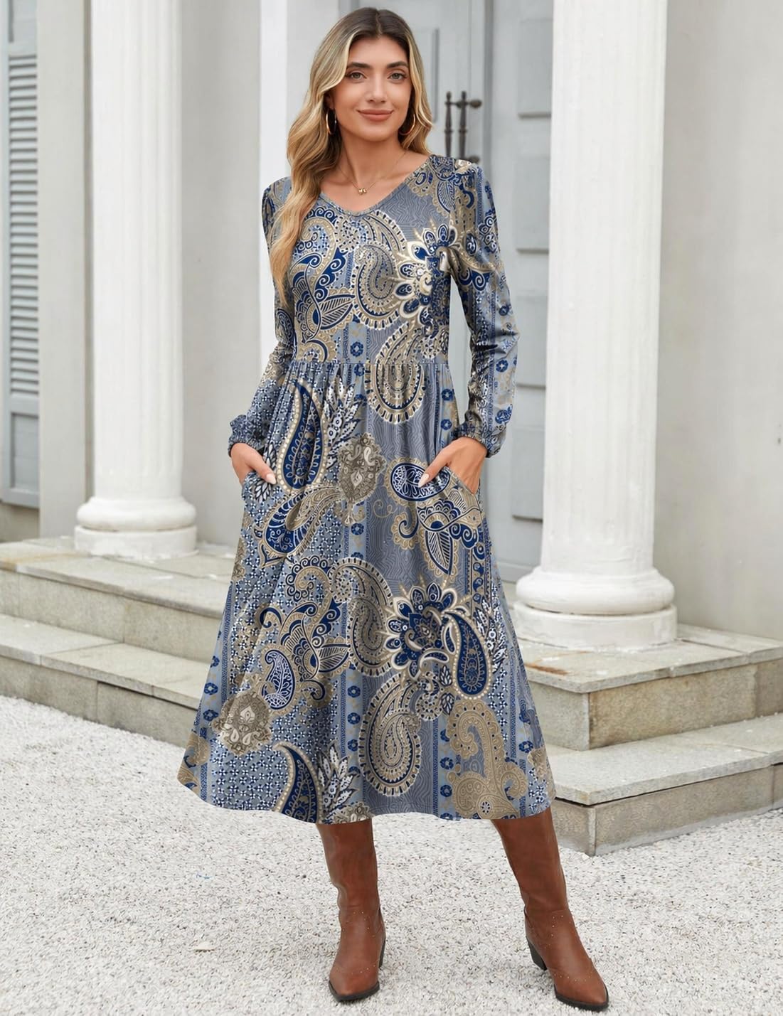 Zeagoo Fall Dresses for Women Casual Long Sleeve A Line V Neck Midi Dress image 4