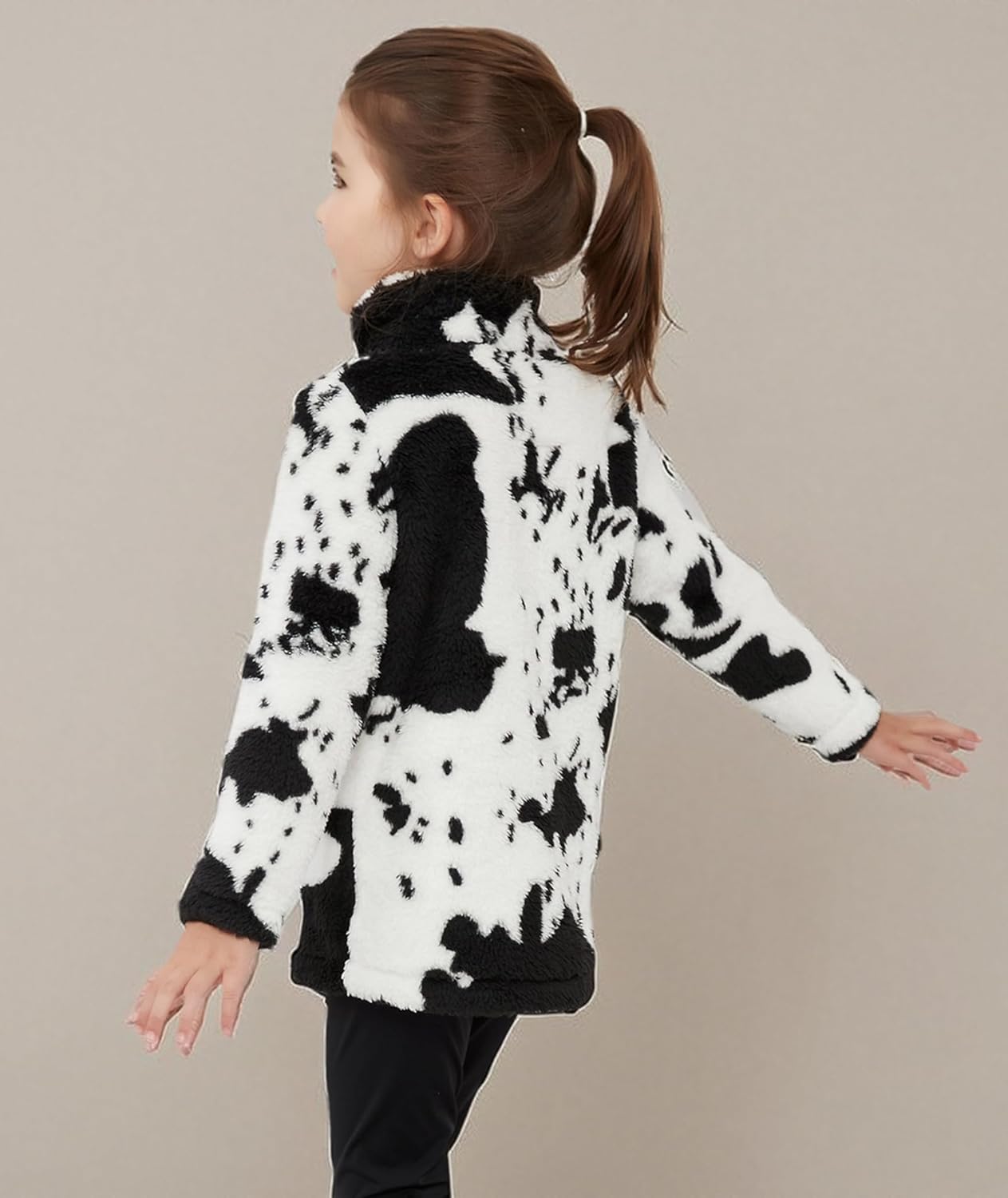 Girls Cow Print Pullover Quarter-Zip Sherpa Fleece Jackets Casual Fuzzy Outwear Coat with Pockets - Image 6