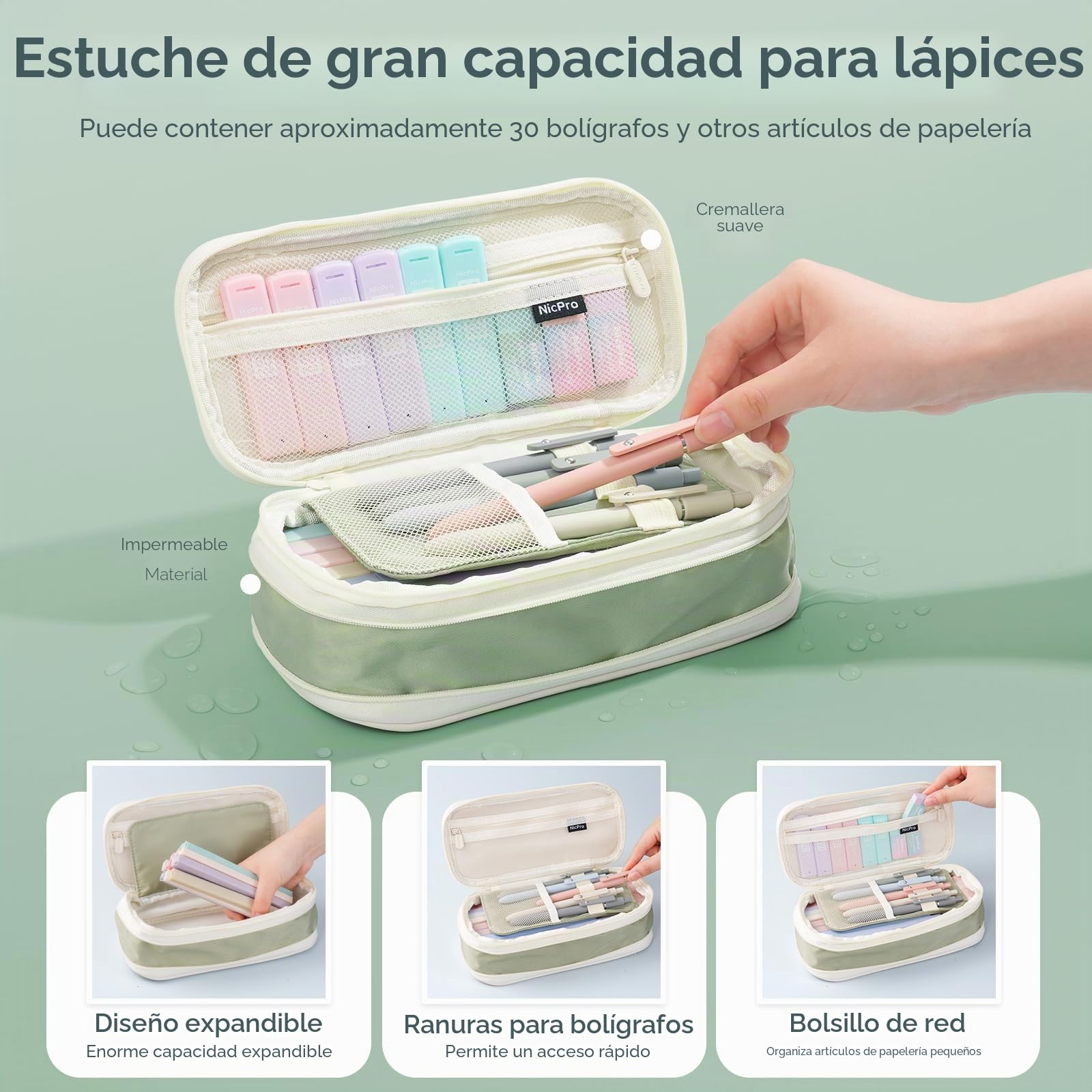 Nicpro 50 suministros escolares estéticos con bonito estuche, 5 bolígrafos de tinta negra de secado rápido, 12 resaltadores pastel, 6 portaminas de 0.5, 0.7, 0.9 y 2.0 mm para estudiantes, artículos
